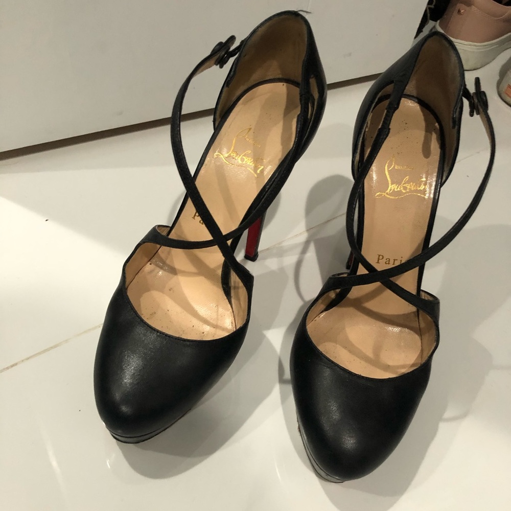 Christian Louboutin BORGHESE 140 KID black strappy heel size 7.5/ 37.5